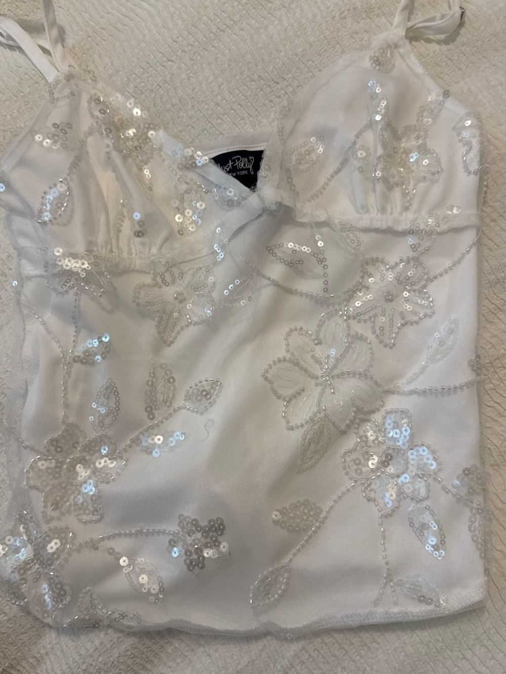 White Sequin Floral Spaghetti-Strap Camisole